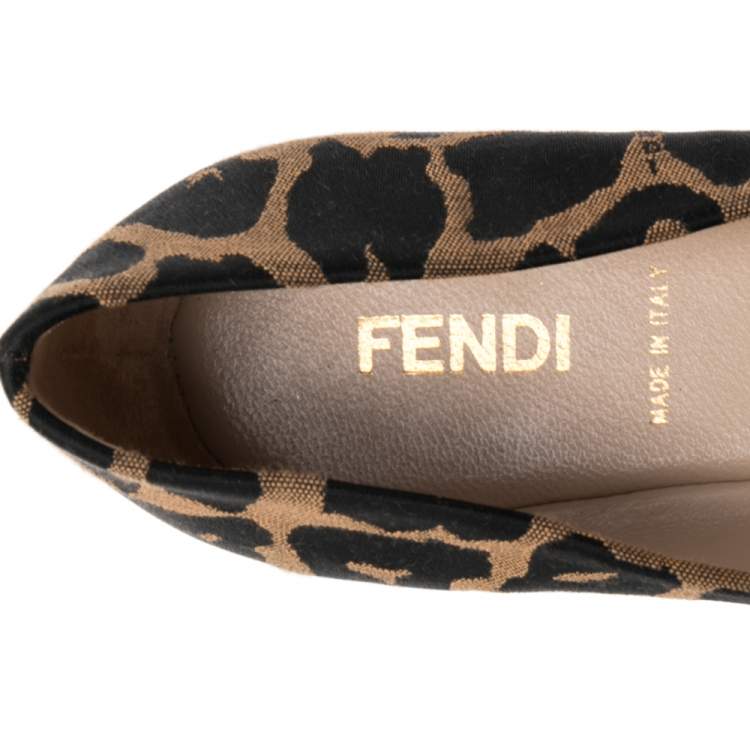 Pre Owned Fendi Brown/Black Patent Leather And Canvas Leopard Print Cap Toe Ballet Flats Size 39