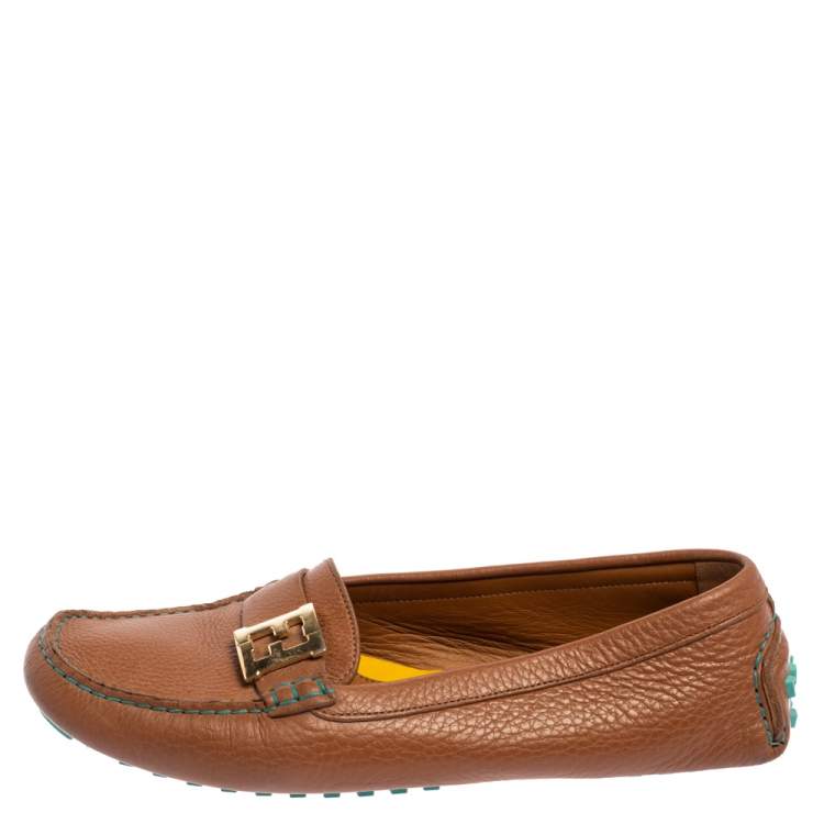 Pre Owned Fendi Brown Leather FF Logo Slip On Loafers Size 40