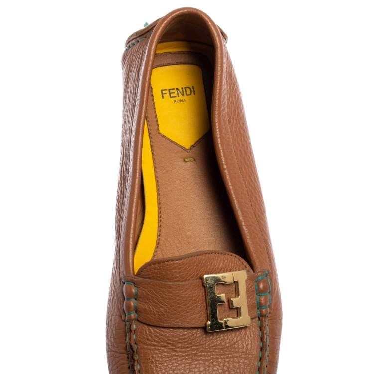 Pre Owned Fendi Brown Leather FF Logo Slip On Loafers Size 40