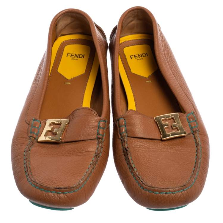 Pre Owned Fendi Brown Leather FF Logo Slip On Loafers Size 40