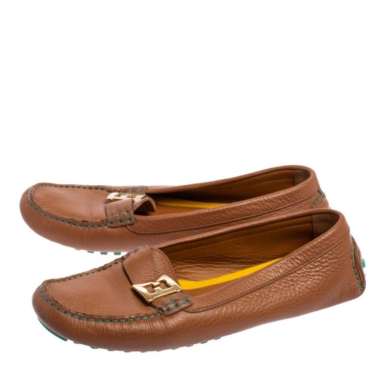 Pre Owned Fendi Brown Leather FF Logo Slip On Loafers Size 40