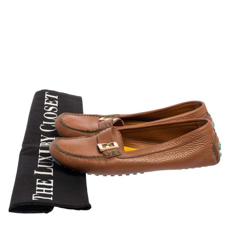 Pre Owned Fendi Brown Leather FF Logo Slip On Loafers Size 40