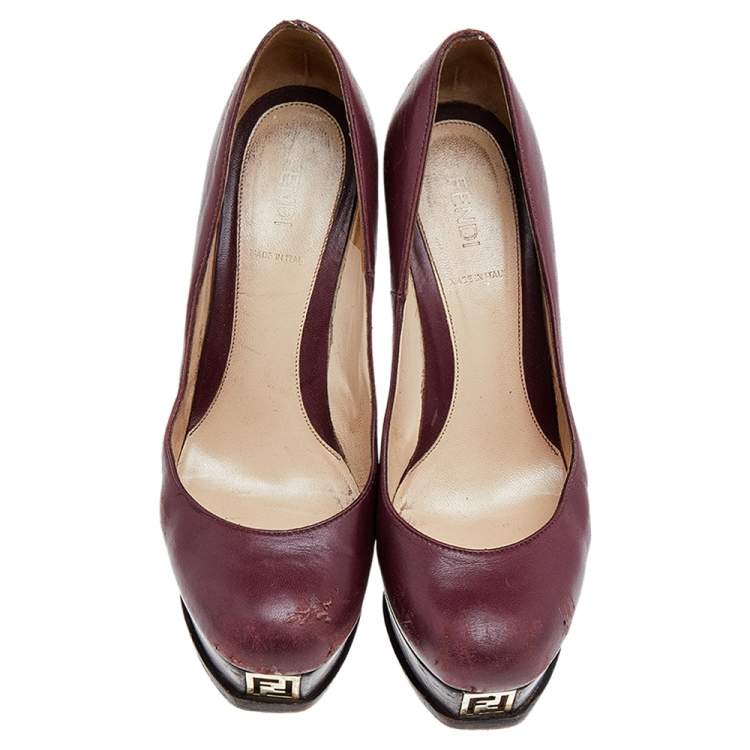 Pre Owned Fendi Burgundy Leather Fendista Platform Pumps Size 37.5