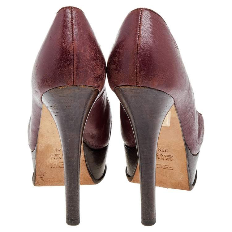 Pre Owned Fendi Burgundy Leather Fendista Platform Pumps Size 37.5