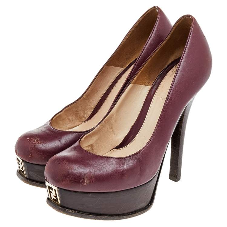 Pre Owned Fendi Burgundy Leather Fendista Platform Pumps Size 37.5