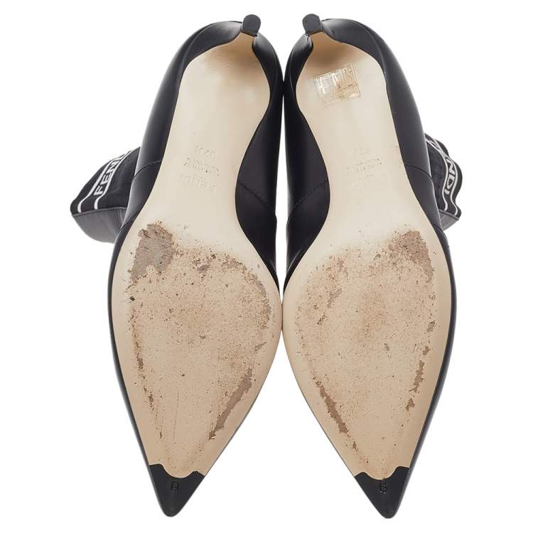 مملوكة مسبقًا Fendi Black Leather And Stretch Knit Fabric Rockoko Ankle Boots Size 37.5