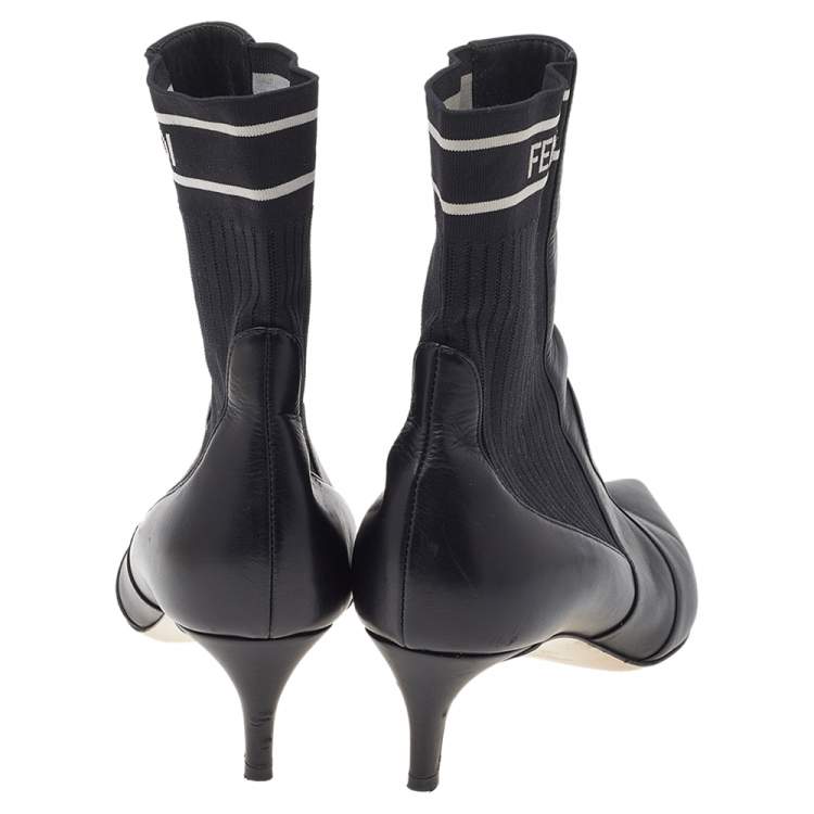 مملوكة مسبقًا Fendi Black Leather And Stretch Knit Fabric Rockoko Ankle Boots Size 37.5