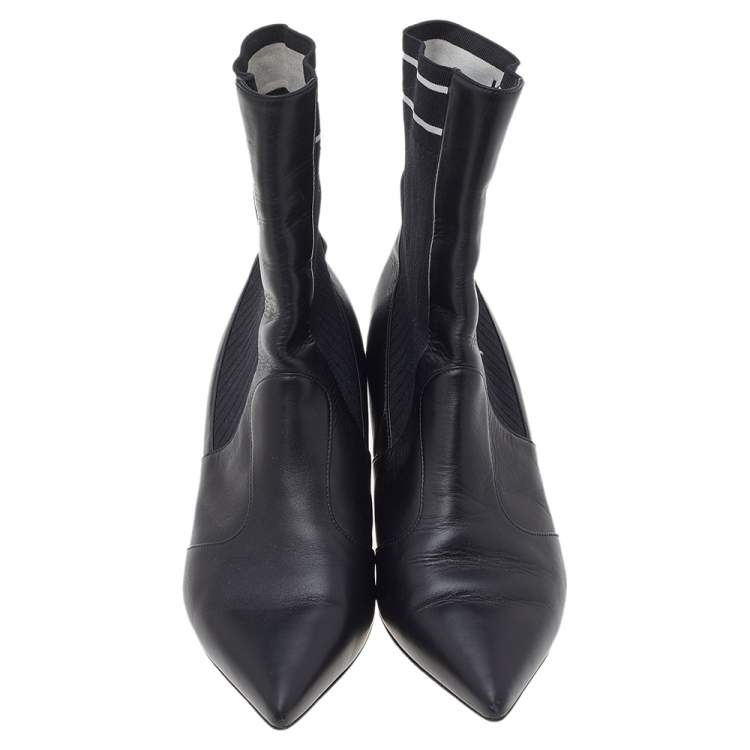 مملوكة مسبقًا Fendi Black Leather And Stretch Knit Fabric Rockoko Ankle Boots Size 37.5