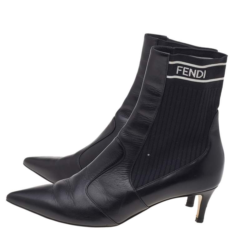 مملوكة مسبقًا Fendi Black Leather And Stretch Knit Fabric Rockoko Ankle Boots Size 37.5