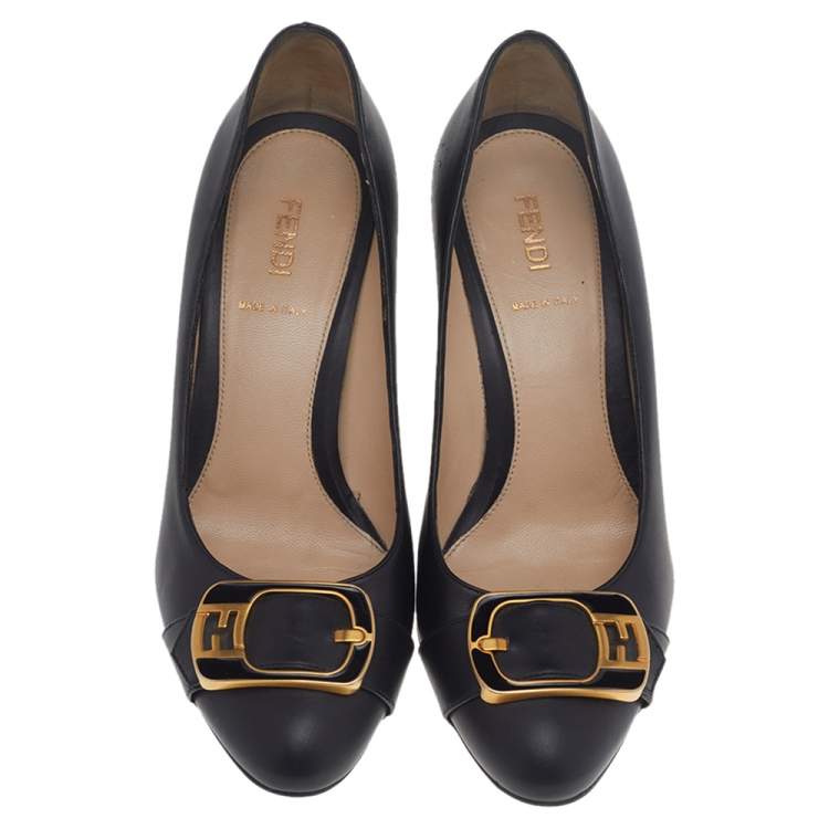 Pre Owned Fendi Black Leather FF Buckle Pumps Size 37.5 