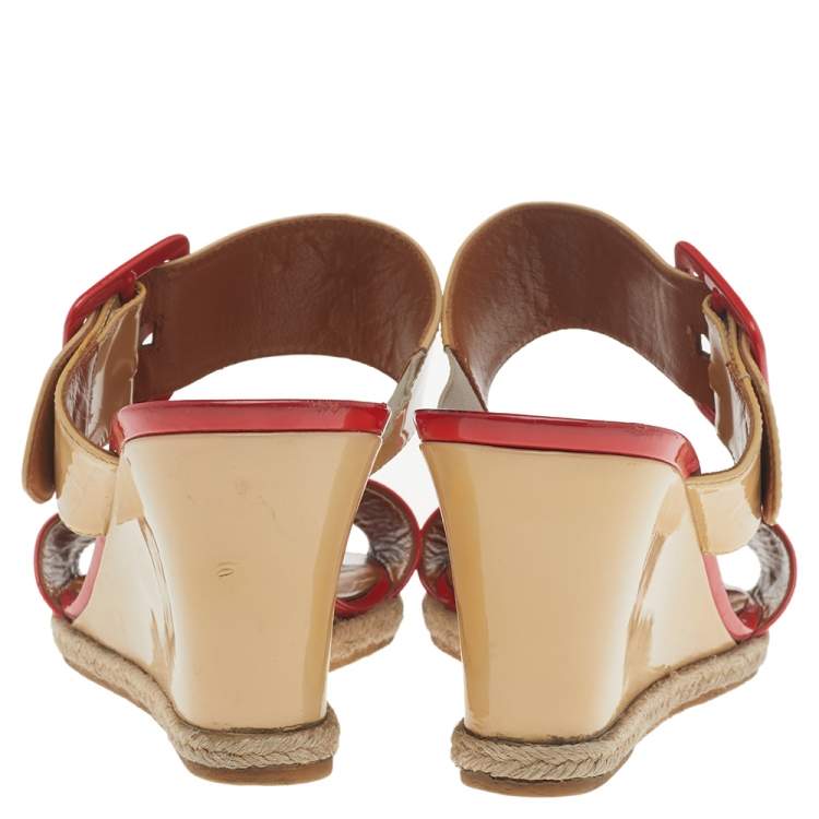 Pre Owned Fendi Orange-Beige Patent Leather Buckle Strap Wedge Espadrille Sandals Size 39
