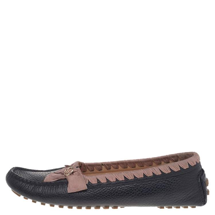 Pre Owned  Fendi Black/Pink Leather And Fabric Bow Slip On Loafers Size 41