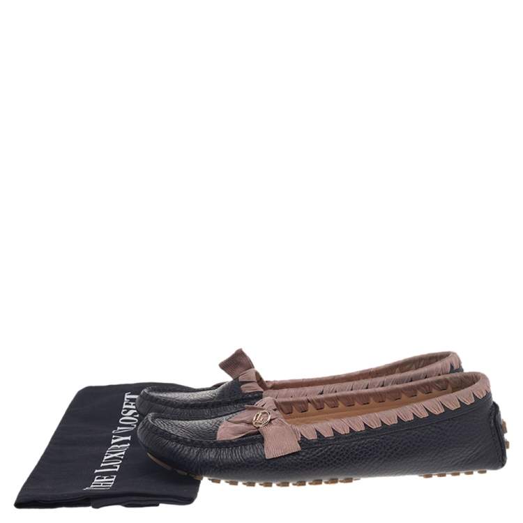 Pre Owned  Fendi Black/Pink Leather And Fabric Bow Slip On Loafers Size 41