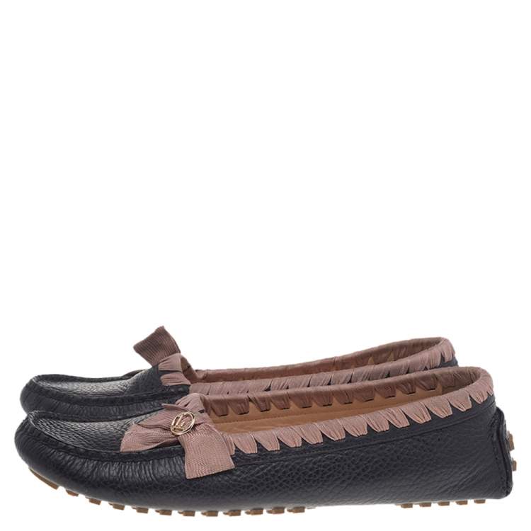 Pre Owned  Fendi Black/Pink Leather And Fabric Bow Slip On Loafers Size 41
