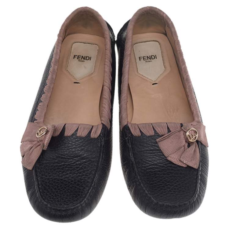 Pre Owned  Fendi Black/Pink Leather And Fabric Bow Slip On Loafers Size 41
