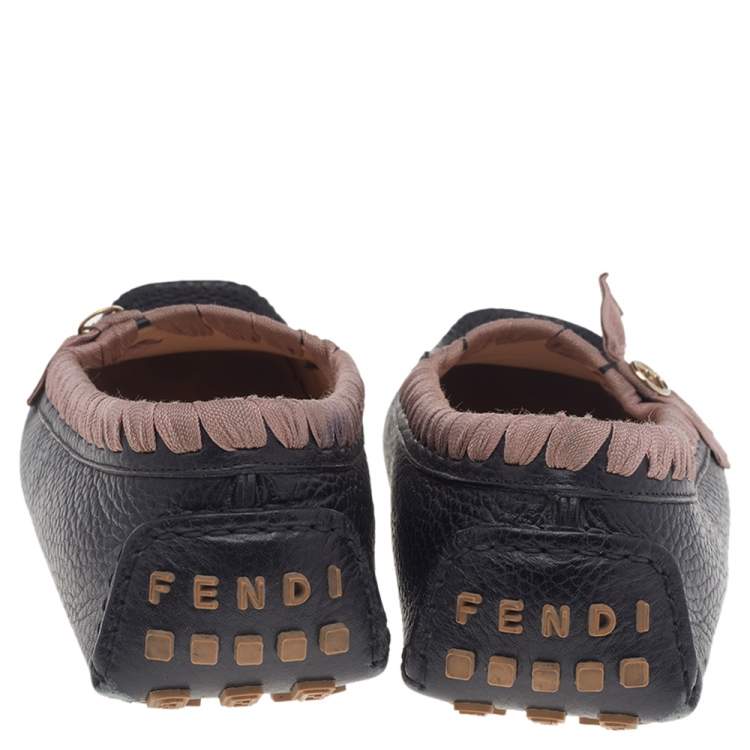 Pre Owned  Fendi Black/Pink Leather And Fabric Bow Slip On Loafers Size 41