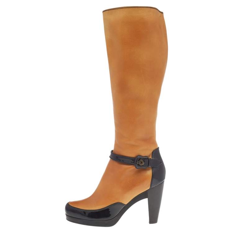 Pre Owned Fendi Tan/ Black Leather Buckle Knee Length Boots Size 38.5