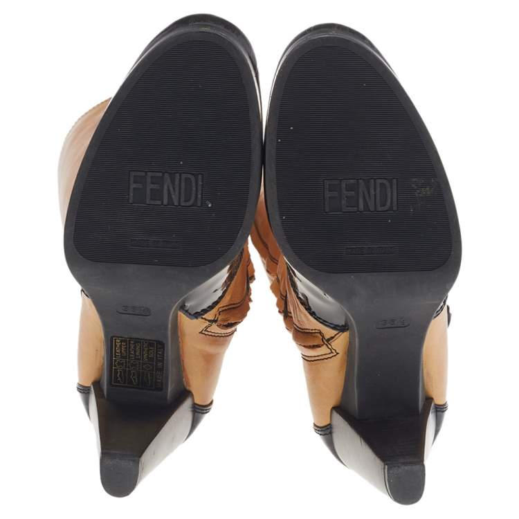 Pre Owned Fendi Tan/ Black Leather Buckle Knee Length Boots Size 38.5