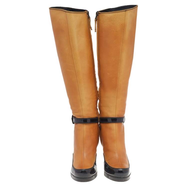 Pre Owned Fendi Tan/ Black Leather Buckle Knee Length Boots Size 38.5