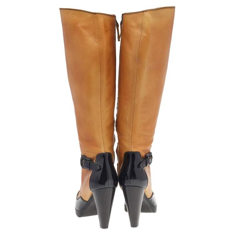 Pre Owned Fendi Tan/ Black Leather Buckle Knee Length Boots Size 38.5