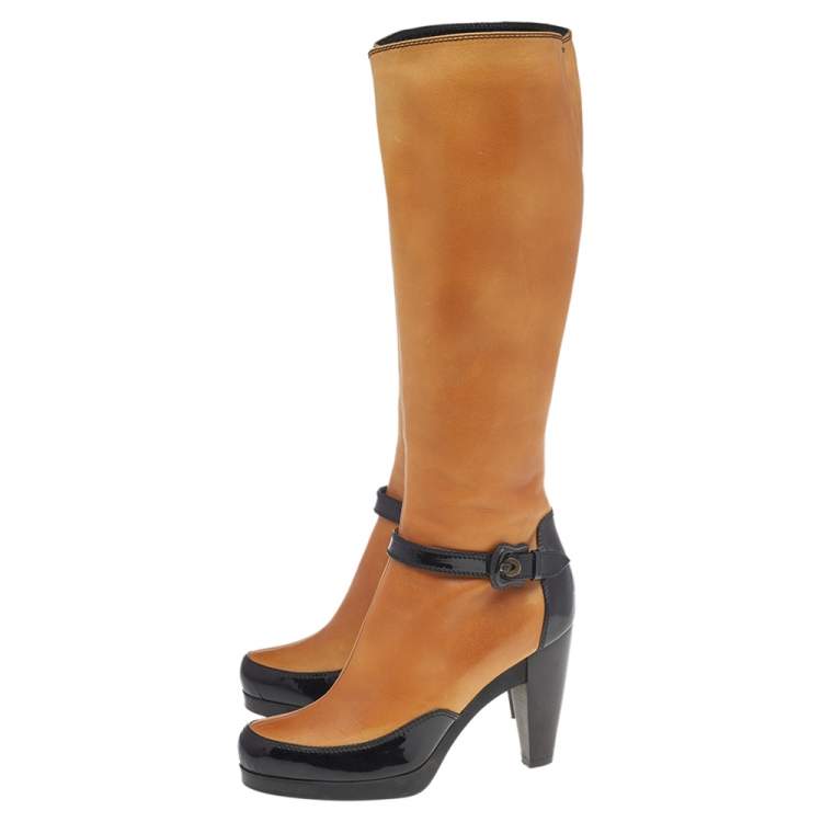 Pre Owned Fendi Tan/ Black Leather Buckle Knee Length Boots Size 38.5