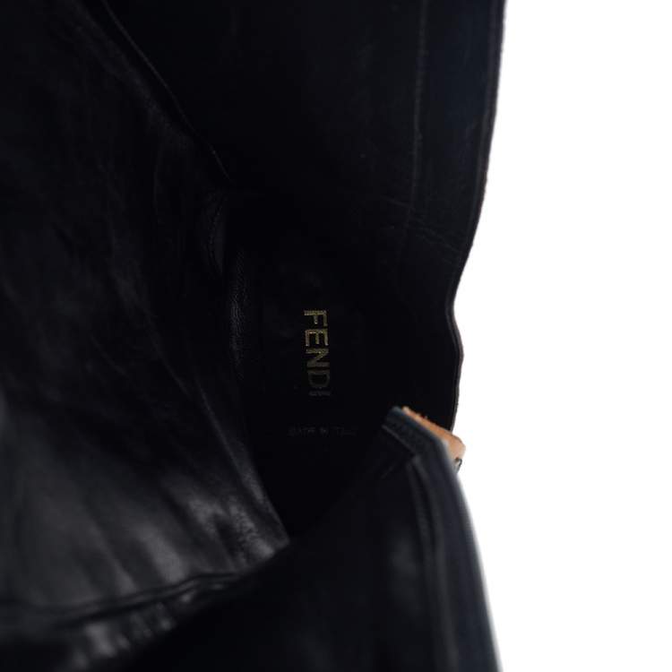 Pre Owned Fendi Tan/ Black Leather Buckle Knee Length Boots Size 38.5