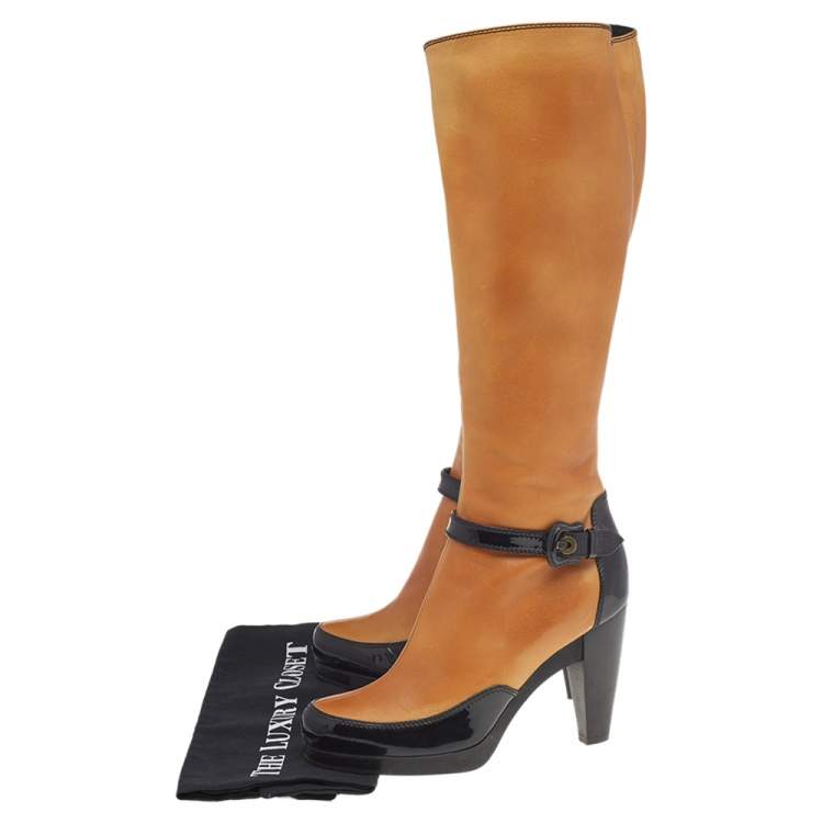 Pre Owned Fendi Tan/ Black Leather Buckle Knee Length Boots Size 38.5