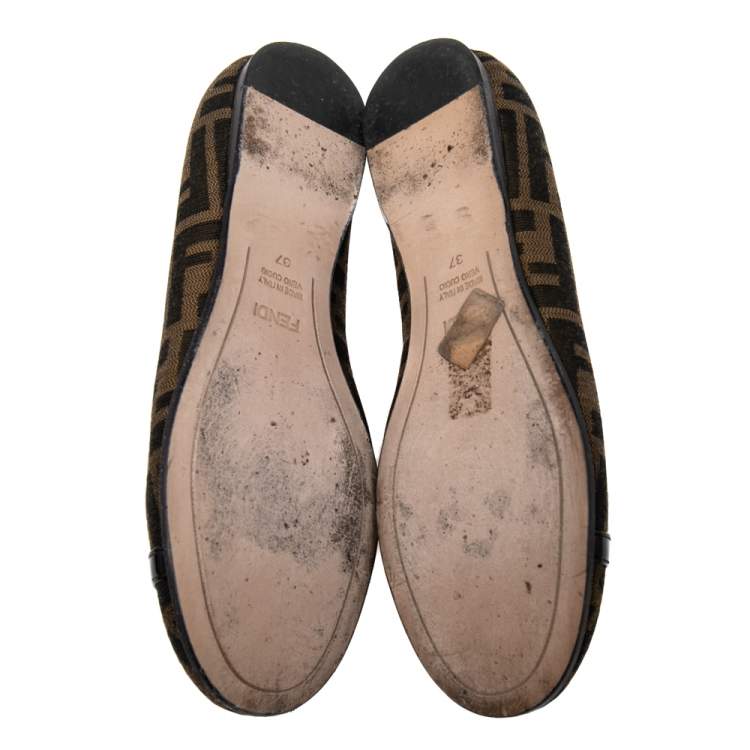 Pre Owned Fendi Brown Tobacco Zucca Canvas Ballet Flat Size 37
