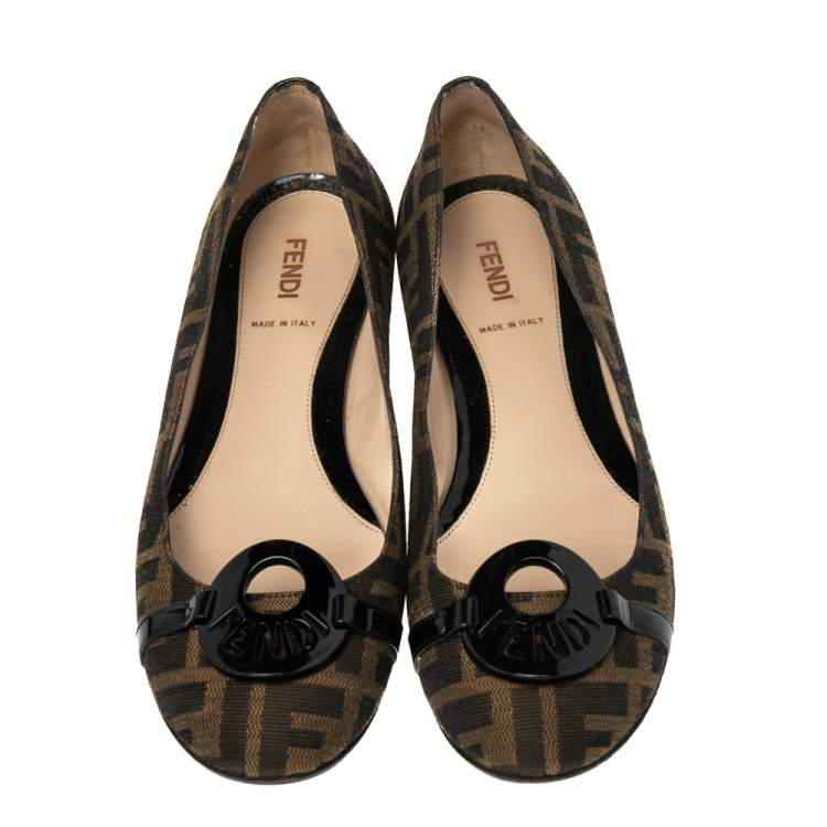 Pre Owned Fendi Brown Tobacco Zucca Canvas Ballet Flat Size 37