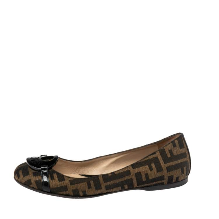 Pre Owned Fendi Brown Tobacco Zucca Canvas Ballet Flat Size 37