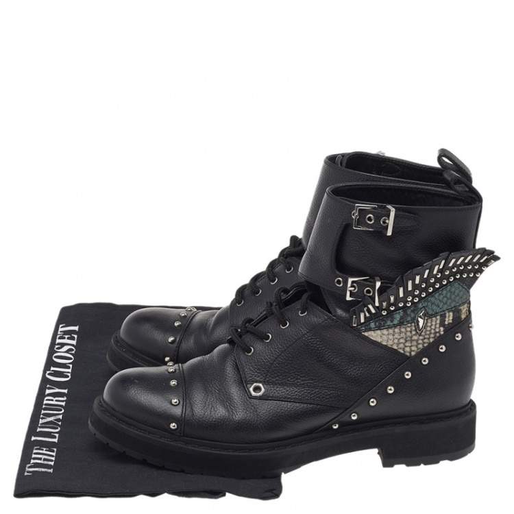 Pre Owned Fendi Black Leather Embellished Buckle Strap Ankle Boots Size 37