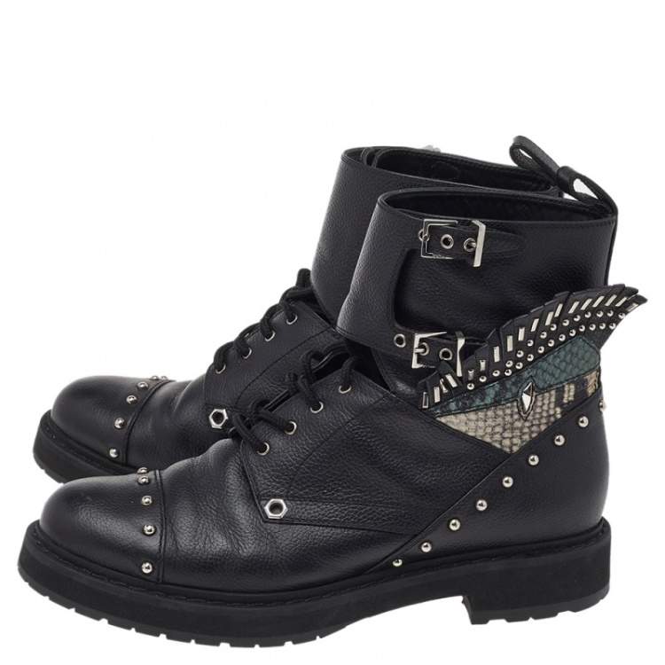 Pre Owned Fendi Black Leather Embellished Buckle Strap Ankle Boots Size 37