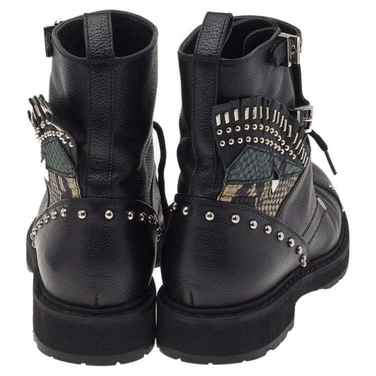 Pre Owned Fendi Black Leather Embellished Buckle Strap Ankle Boots Size 37
