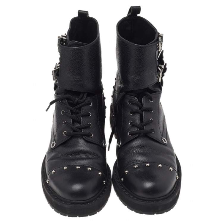 Pre Owned Fendi Black Leather Embellished Buckle Strap Ankle Boots Size 37
