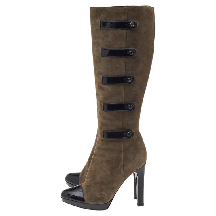 مملوكة مسبقًا Fendi Brown/Black Patent Leather Knee Length Boots Size 38.5