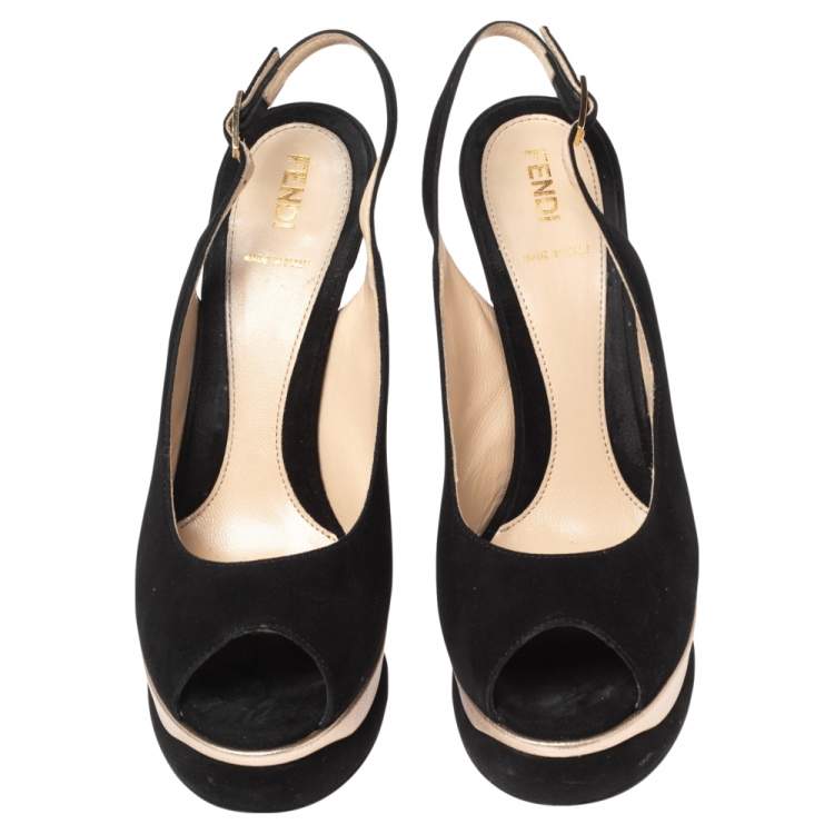 Pre Owned Fendi Black Suede Platform Slingback Sandals Size 38.5