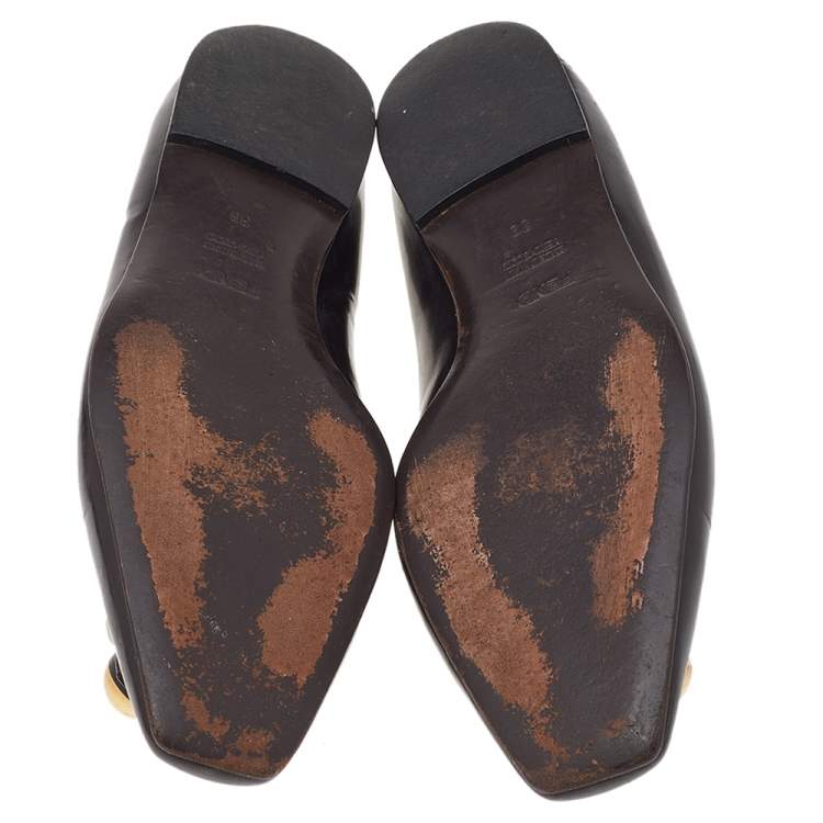 Pre Owned Fendi Dark Brown Leather Embellished Ballet Flats Size 39
