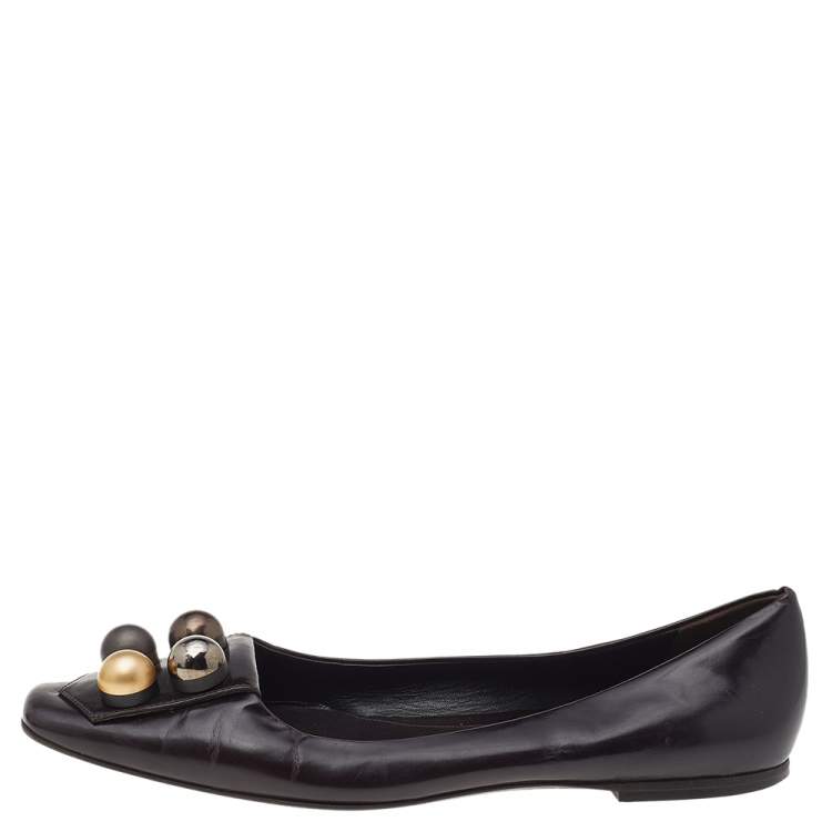 Pre Owned Fendi Dark Brown Leather Embellished Ballet Flats Size 39