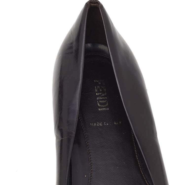 Pre Owned Fendi Dark Brown Leather Embellished Ballet Flats Size 39
