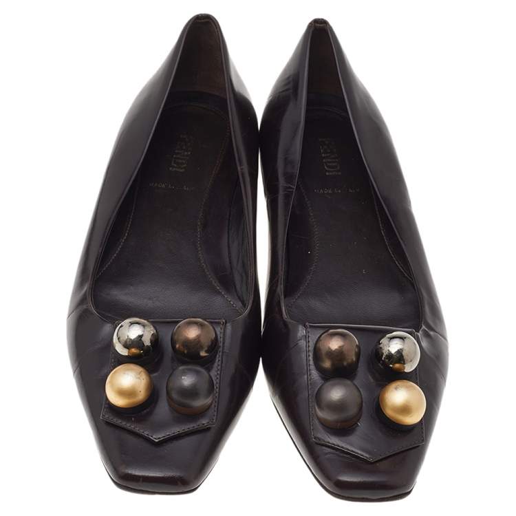 Pre Owned Fendi Dark Brown Leather Embellished Ballet Flats Size 39