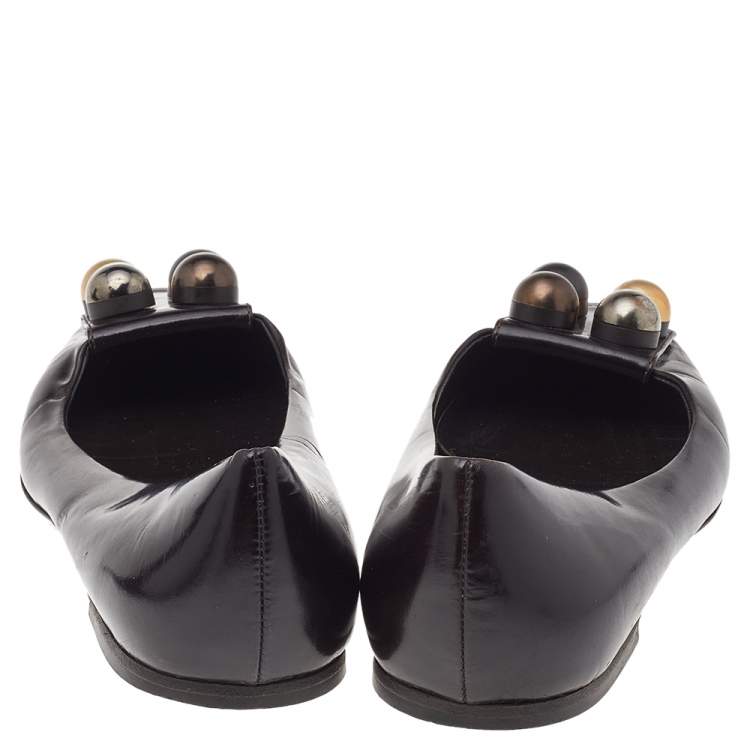 Pre Owned Fendi Dark Brown Leather Embellished Ballet Flats Size 39