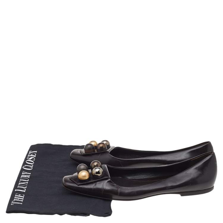 Pre Owned Fendi Dark Brown Leather Embellished Ballet Flats Size 39