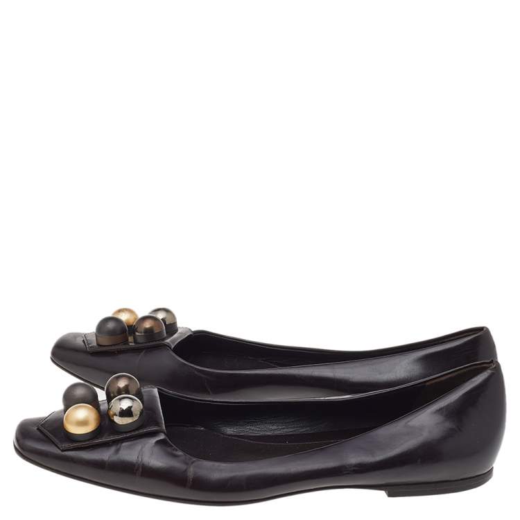 Pre Owned Fendi Dark Brown Leather Embellished Ballet Flats Size 39