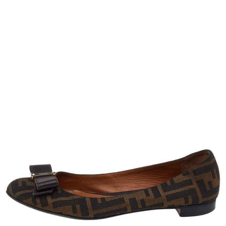 Pre Owned Fendi Brown FF Canvas And Leather Bow Ballet Flats Size 38