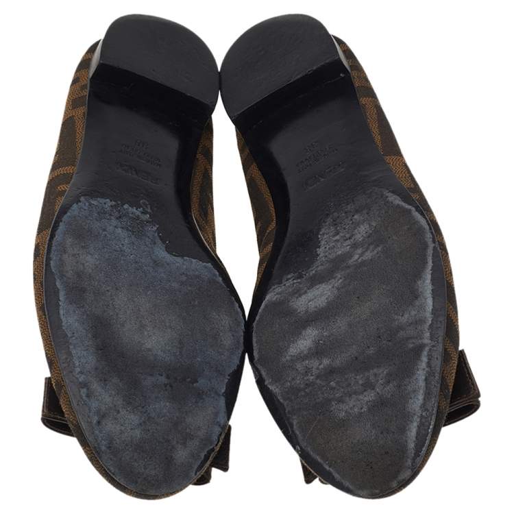 Pre Owned Fendi Brown FF Canvas And Leather Bow Ballet Flats Size 38