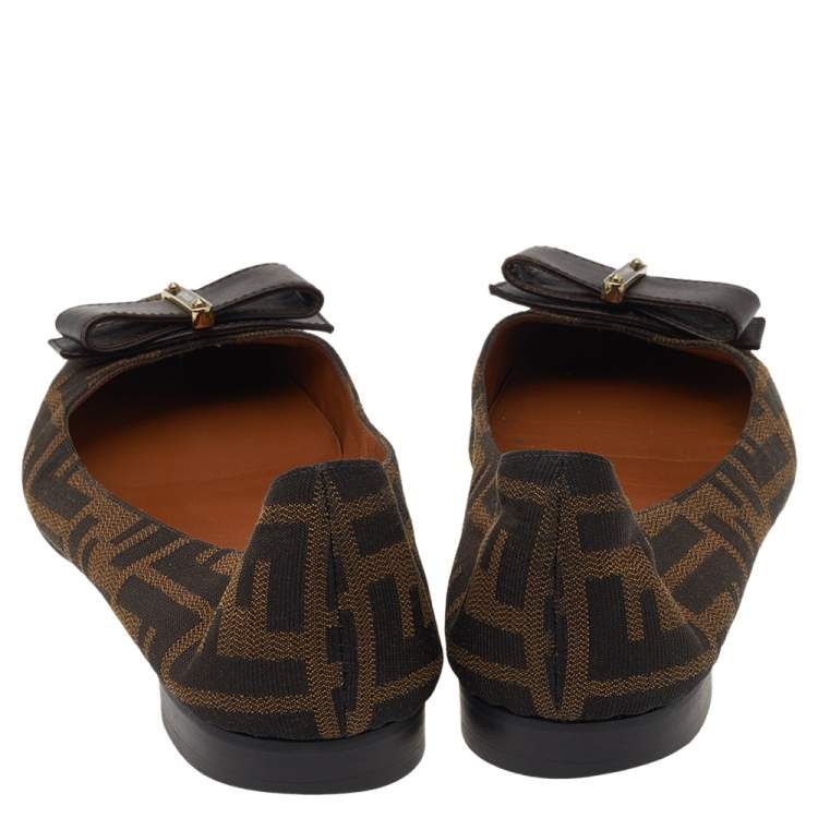 Pre Owned Fendi Brown FF Canvas And Leather Bow Ballet Flats Size 38