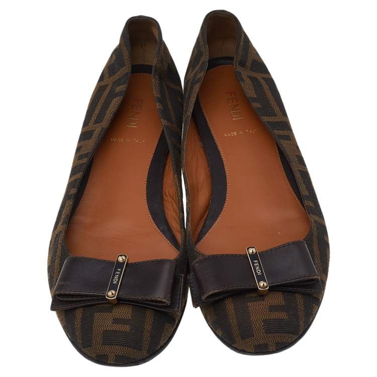 Pre Owned Fendi Brown FF Canvas And Leather Bow Ballet Flats Size 38