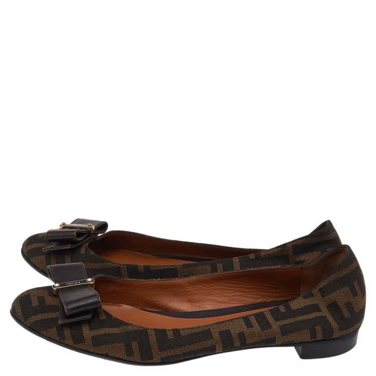 Pre Owned Fendi Brown FF Canvas And Leather Bow Ballet Flats Size 38