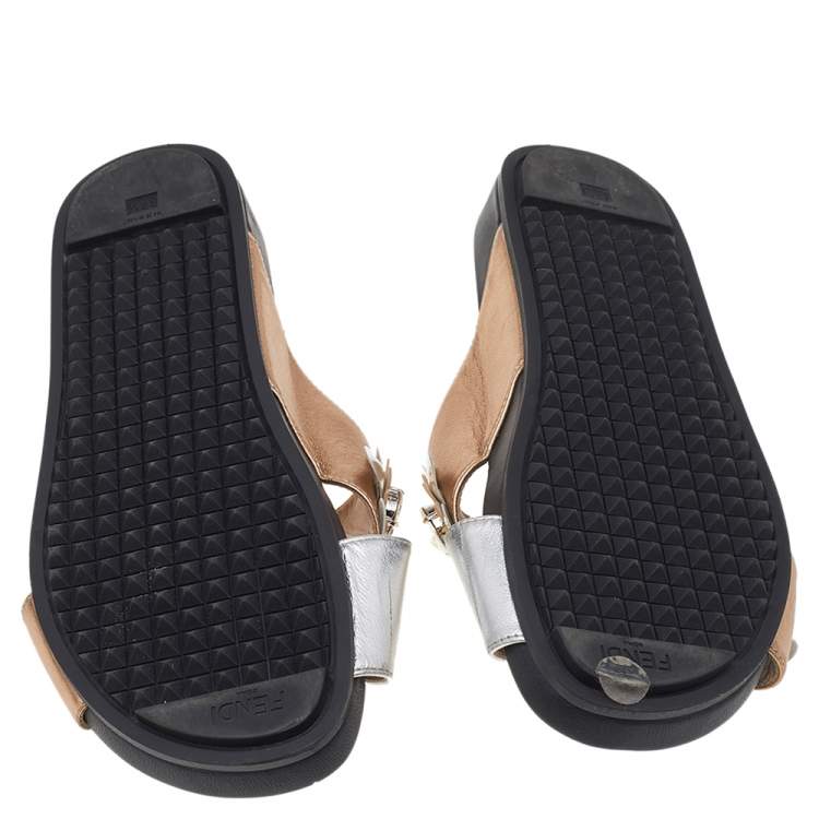 Pre Owned Fendi Silver/Gold Leather Criss Cross Flowerland Flat Slides Size 37.5
