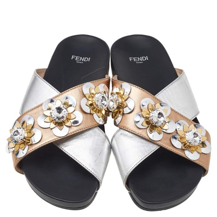 Pre Owned Fendi Silver/Gold Leather Criss Cross Flowerland Flat Slides Size 37.5